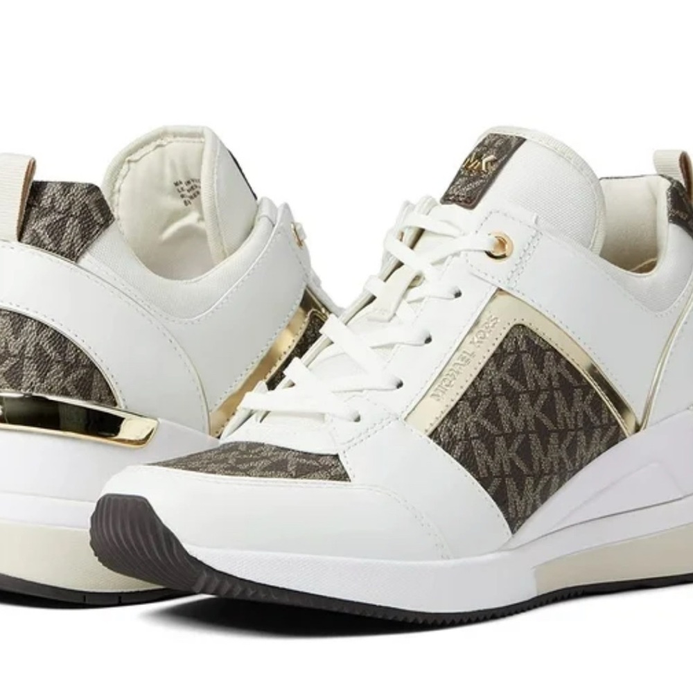 Michael Kors White and Gold Monogram Sneakers